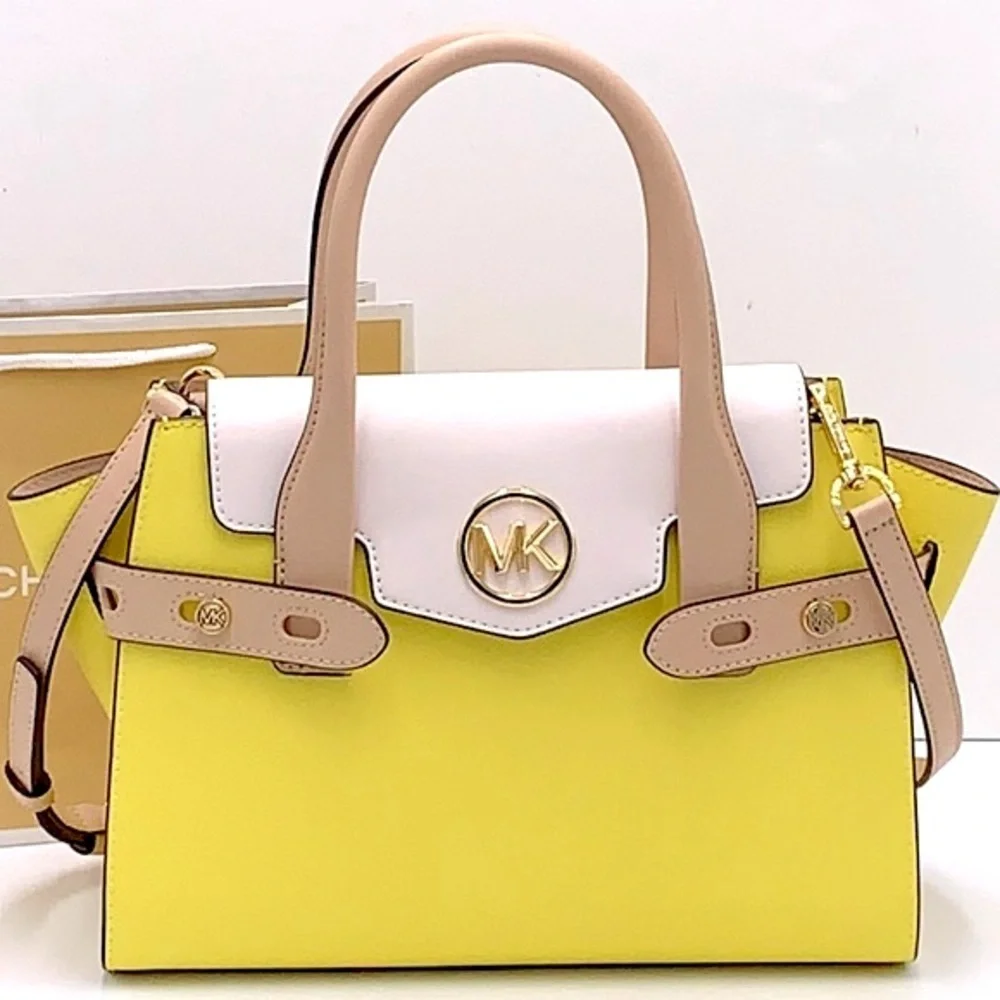 MICHAEL KOR Carmen Medium Color-Block Faux Saffiano Leather Belted Satchel